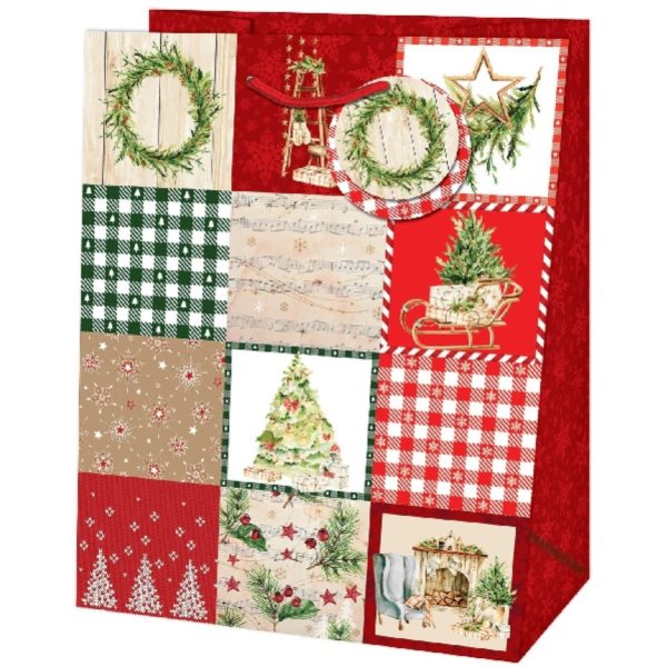 Taška darčeková Jumbo Vianočný patchwork červená/zelená 44,5x33x13,7 cm