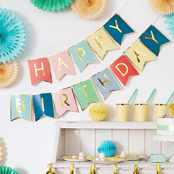 E-shop BANNER Happy Birthday farebný so zlatom 15x175cm
