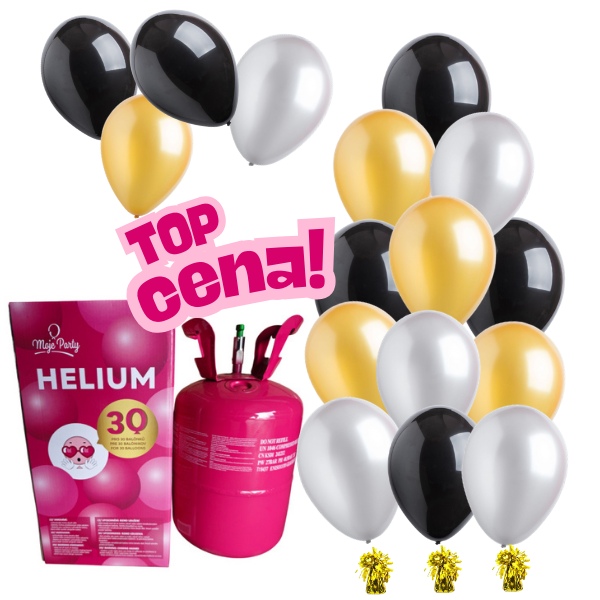 Helium s balónky 18 ks (6 zlatých, 6 černých, 6 stříbrných) 3 zlatá těžítka