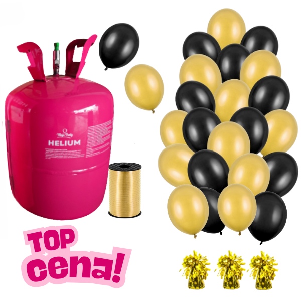 Helium s balonky  30 x 23 cm - ern zlat - 3 zlat ttka