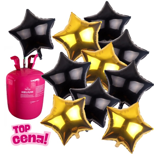 Helium s balonky hvězdy - černé, zlaté 10 ks