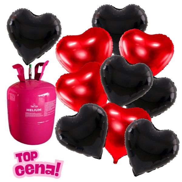 Helium s balonky srdce černé a červené 10 ks