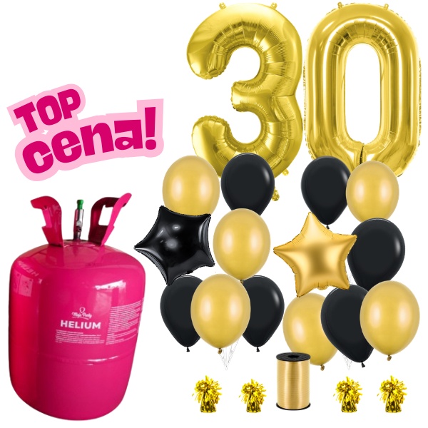Helium set - helium50, 30 číslice zlatá, 2 foliové balonky hvězda, 6 balonků zlatých 30 cm,6 balónků černých zlatá stuha, 4 těžítka