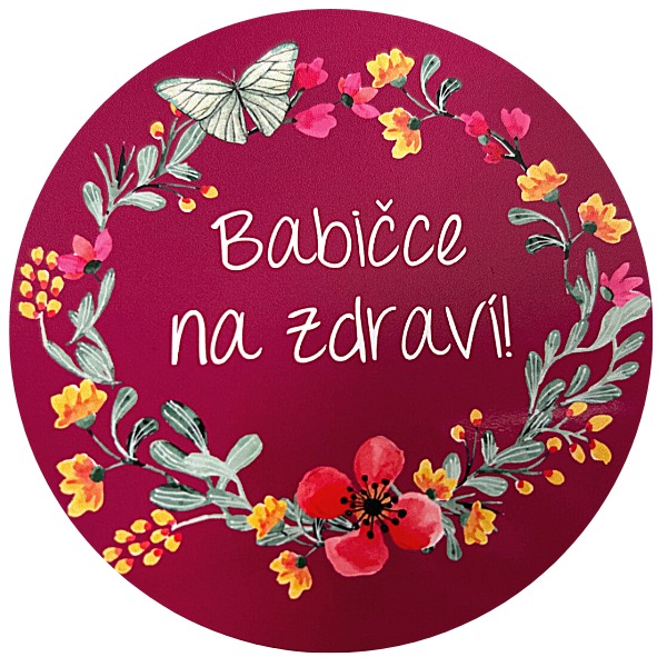 E-shop Samolepka "Babičce na zdraví" purple - kvetinový vzor 10 cm