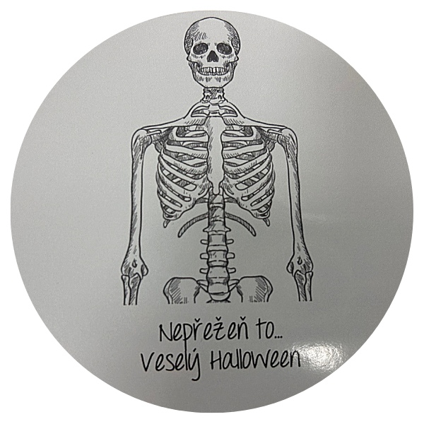 E-shop Samolepka "Nepřežeň to - Veselý Halloween" Kostra - sv. šedá 10 cm