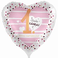 BALNIK fliov Srdce s eskm npisom "Nae lska 1. narozeniny" (Naa lska 1. narodeniny) ruov 43cm