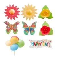 Dekorace na dort z jedlho papru Happy Birthday mix 8 ks