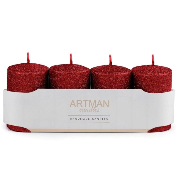 Adventné sviečky s glitrami červené 6 x 9 cm 4 ks