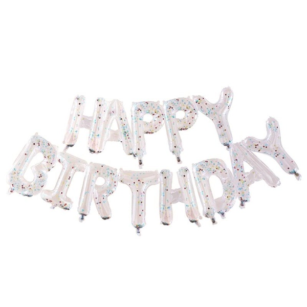 BALÓNIKY fóliové nápis Happy Birthday transparentné s konfetami v.34 cm