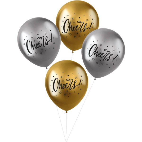 Balóniky latexové chrómové Cheers zlaté/strieborné 33 cm 4 ks