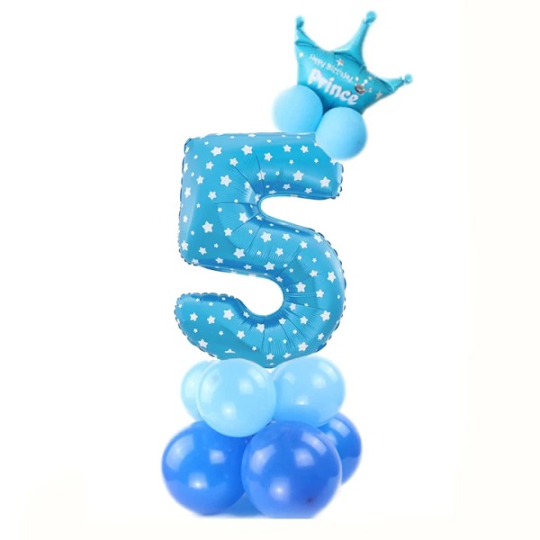 Balónový set Číslica 5 s korunkou na podstavci modrá