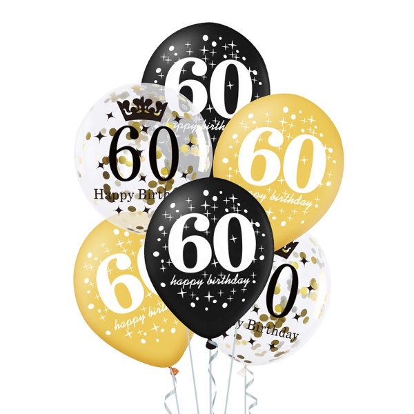 Balóniky latexové 60. narodeniny čierna/zlatá mix 30 cm 6 ks