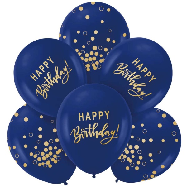 Balniky latexov Happy Birthday tmavo modr/zlat 30 cm, 6 ks