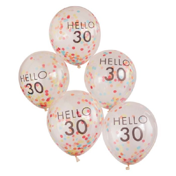 Balniky latexov transparentn Hello 30 s konfetami 30 cm 5 ks