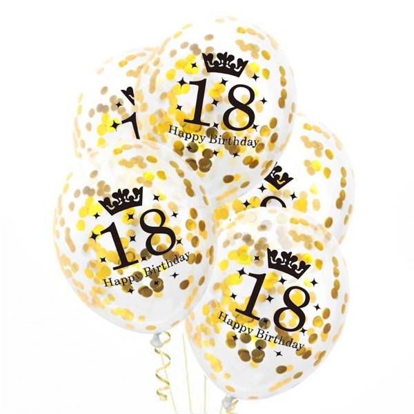 Balóniky latexové transparentné s konfetami 18. narodeniny zlaté 30 cm, 1 ks