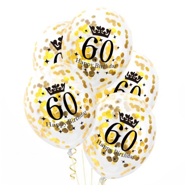Balóniky latexové transparentné s konfetami 60. narodeniny zlaté 30 cm, 1 ks