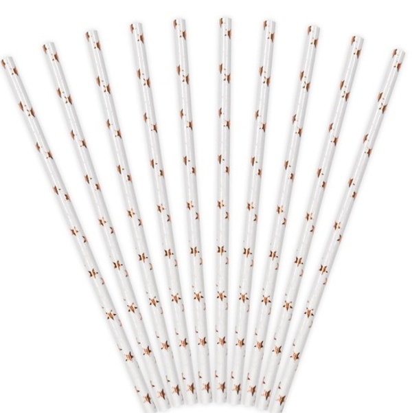 Slamky papierov, biele s Rose gold hviezdikami 19,5 cm (10 ks)