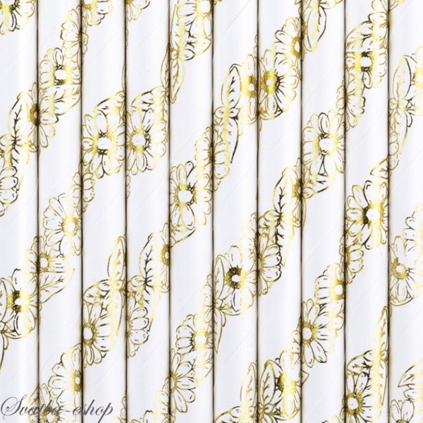 Slamky papierové, biele so zlatými margarétami 19,5 cm (10 ks)