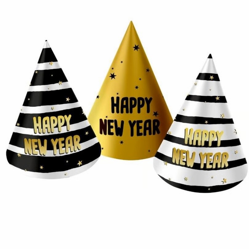 Čepičky papírové Happy New Year černo-zlaté 6 ks