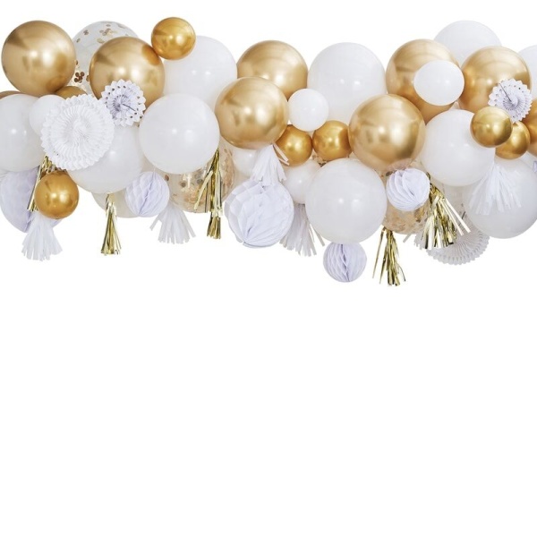 DEKORAČNÁ sada s balónikmi, rozetami, strapcami a dekoračnými guľami - lem zlatý