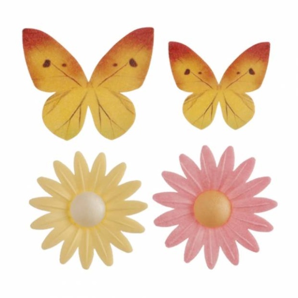 E-shop Dekorácia na tortu z jedlého papiera Kvety 4 ks a motýle 4 ks