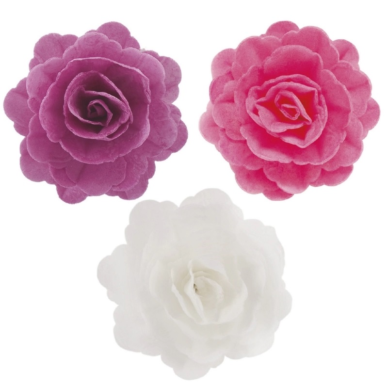 E-shop Dekorácia na tortu z jedlého papiera Ruža biela/ružová/fialová 7 cm 15 ks