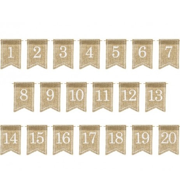 Jutové visačky s číslami 1-20 na označenie stolov