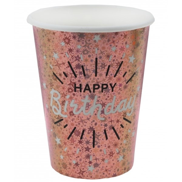 Kelímky papierové Happy Birthday holografické Rose gold 270 ml, 10 ks