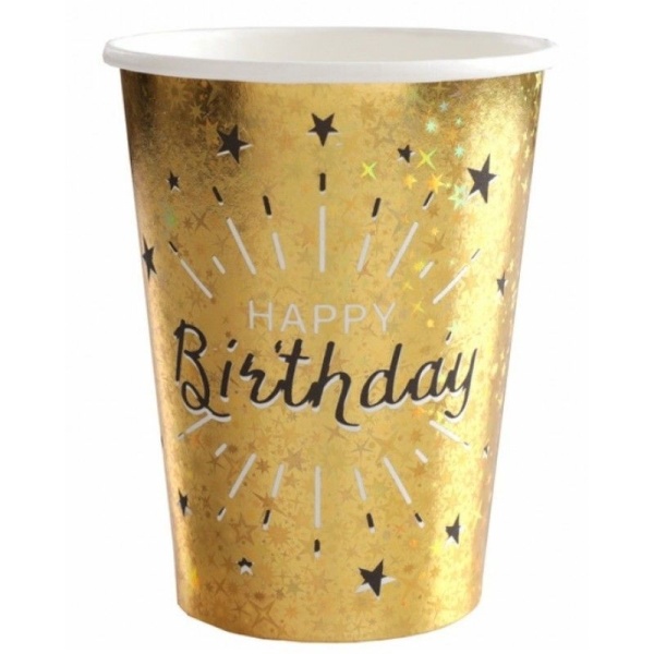 TÉGLIKY papierové Happy Birthday holografické zlaté 270 ml 10 ks