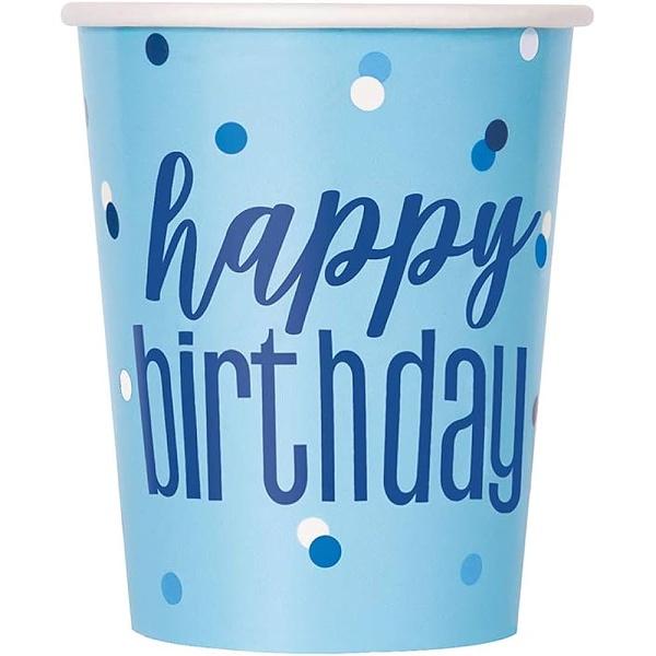 Tgliky papierov Happy Birthday modr s bodkami 270 ml 8 ks
