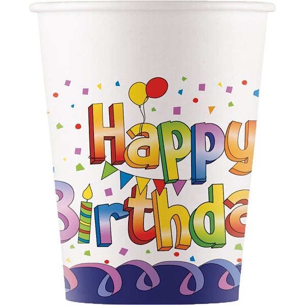 Kelmky paprov Happy Birthday modr okraj 200 ml 8 ks