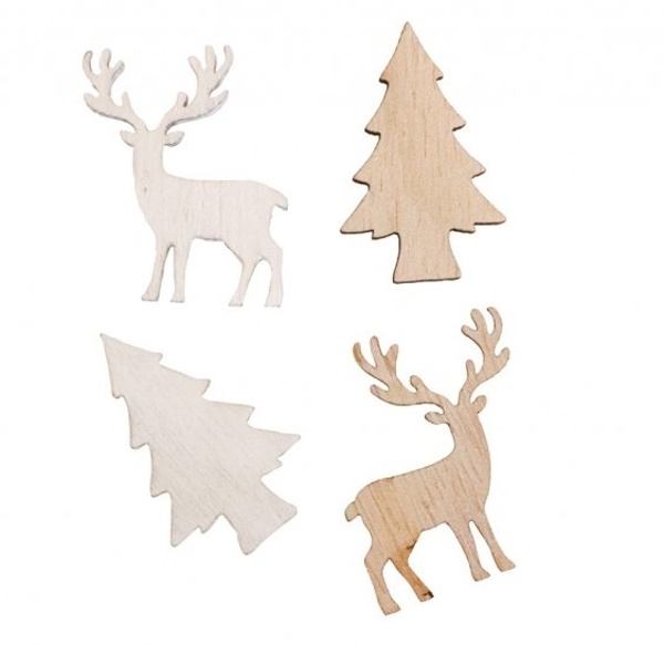E-shop Konfety drevené biele/prírodné Soby a stromčeky 3,5x2,5 cm (24) ks