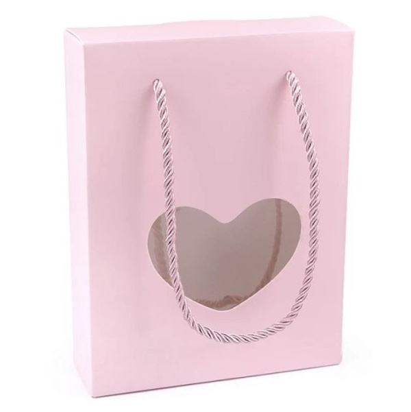 E-shop Krabica darčeková s priehľadom a krútenou šnúrkou ružová 15x20x4,5 cm