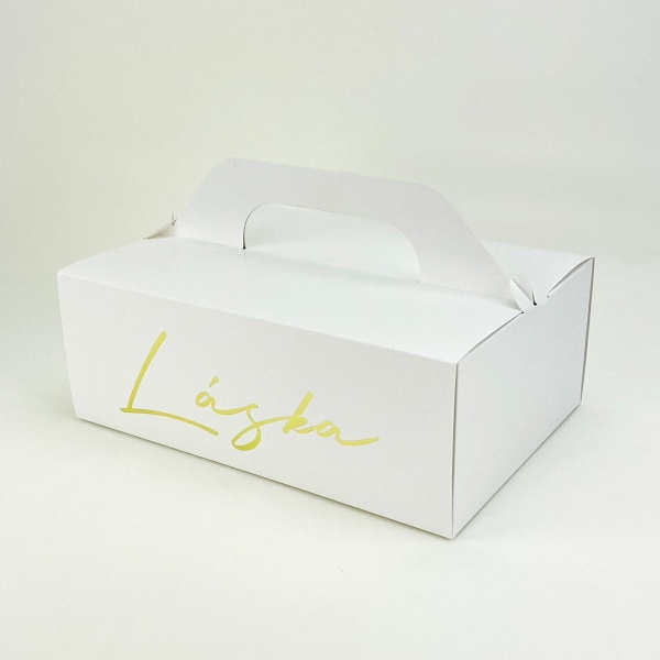 E-shop Krabička na výslužku biela so zlatým nápisom Láska 26x18x9,5 cm (1 ks)