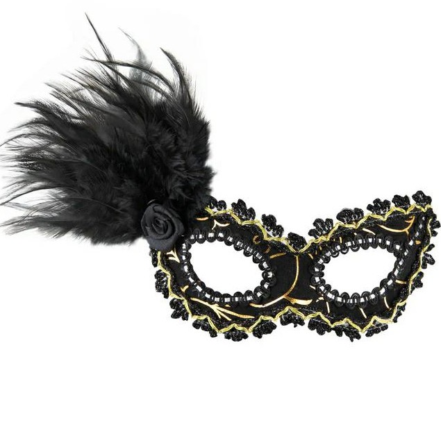 Maska karnevalová černo-zlatá s peřím
