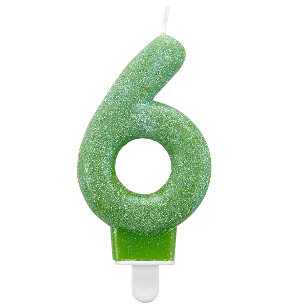 Sviečka číslica 6 glitrová zelená 7,6 cm