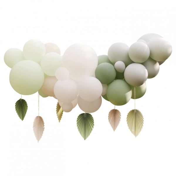 Sada balónikov na balónikový oblúk s papierovými vejármi šalviová/biela 40 ks