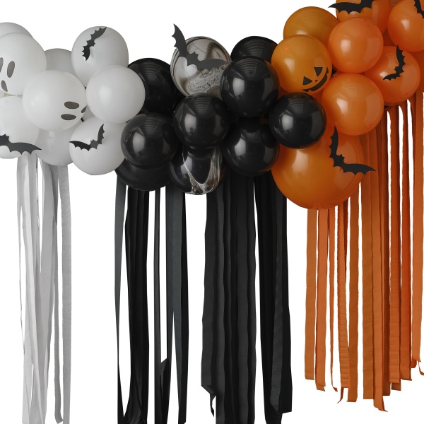 E-shop Sada balónikov pre balónikovú girlandu Halloween Duchovia/tekvica s netopiermi a stuhami 50 ks