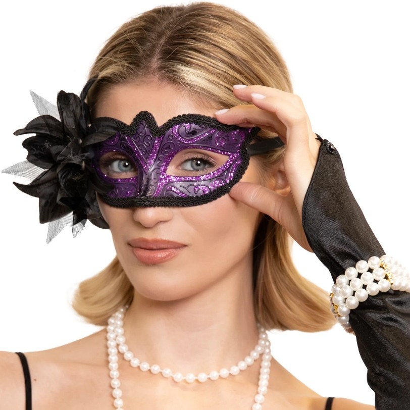 Škraboška karnevalová černo-fialová s květinou