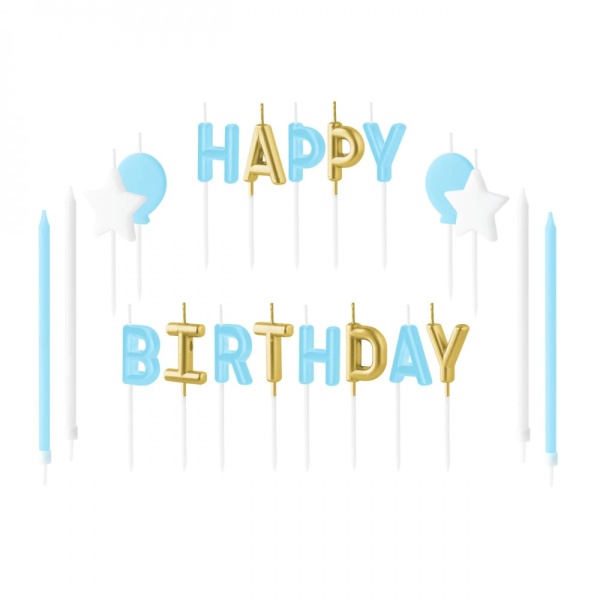 Sviečky tortové Happy Birthday písmená modrá/zlatá