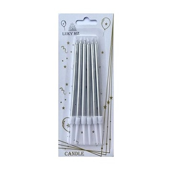 Svieky tortov dlh metalick strieborn 11 cm 6 ks