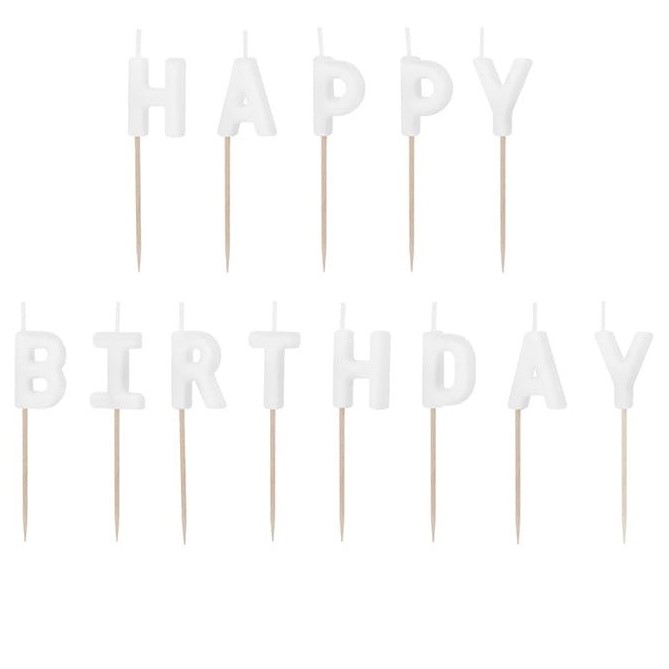 Svieky tortov npis Happy Birthday biele 2,5 cm