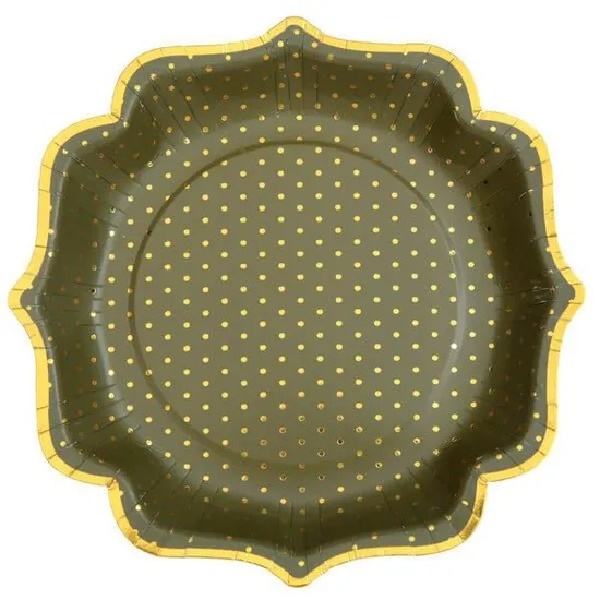 Taniere papierové olivové so zlatým okrajom a bodkami 21 cm 10 ks
