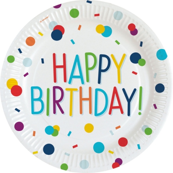 Tanieriky papierové Happy Birthday konfety 23 cm, 8 ks