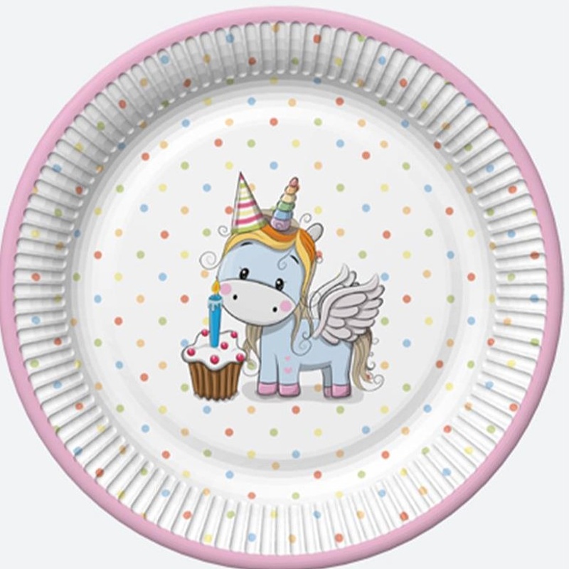 Tanieriky papierové Jednorožec s bodkami 18 cm 8 ks