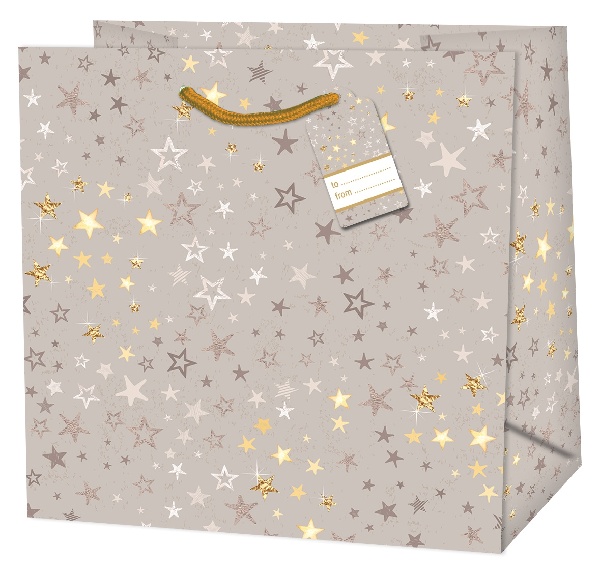 Taška darčeková štvorcová Hviezdy zlato-strieborné 15 x 14,5 x 6 cm