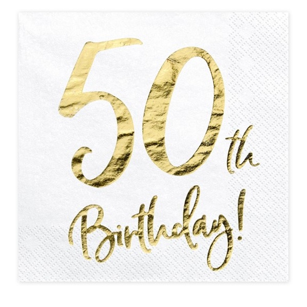SERVÍTKY 50. narodeniny biele so zlatým nápisom