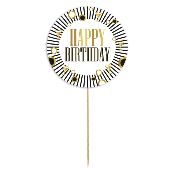 Zápich na tortu Happy Birthday prúžky a kolieska čierno-zlatý 10 cm