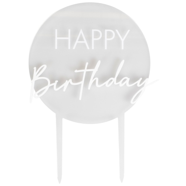 Zápich na tortu akrylový Happy Birthday biely 18 x 12 cm