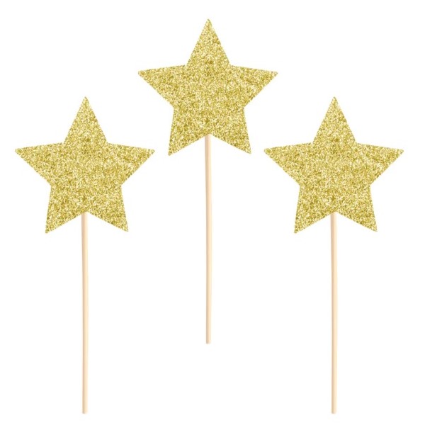 Z�pichy na tortu a cupcakes Hviezdy trblietav� zlat� 10 cm 6 ks